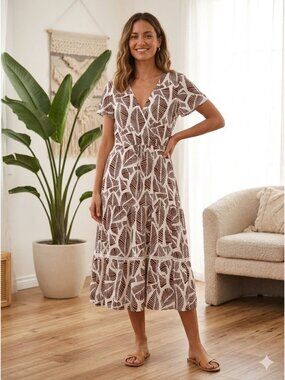 Botanical Leaf Print Midi Faux Wrap Dress Size 10 Retro Boho Cottagecore Prairie